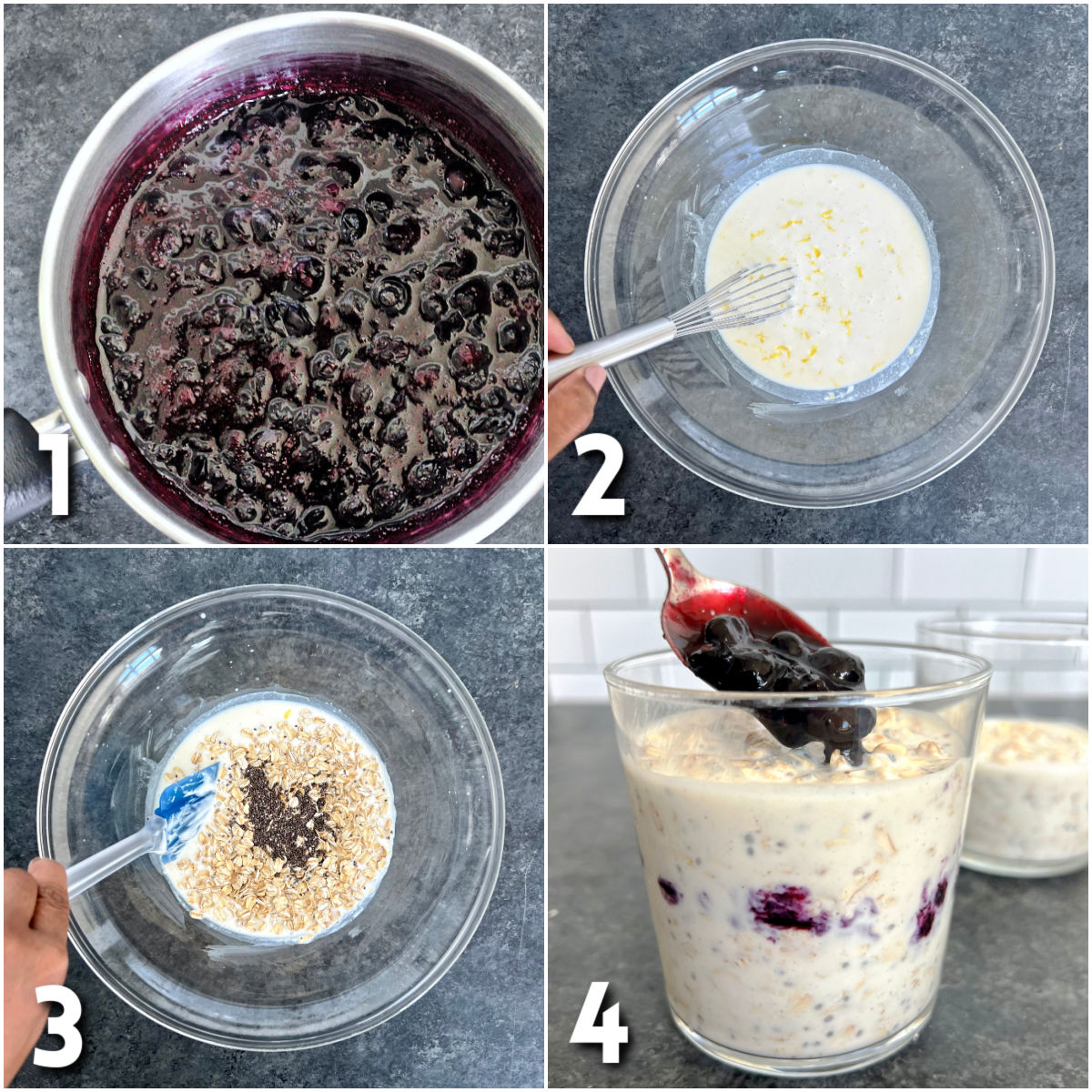 Steps for making Easy Blueberry Overnight Oats.