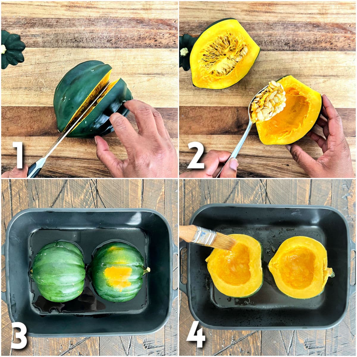Steps for making acorn squash in the microwave.