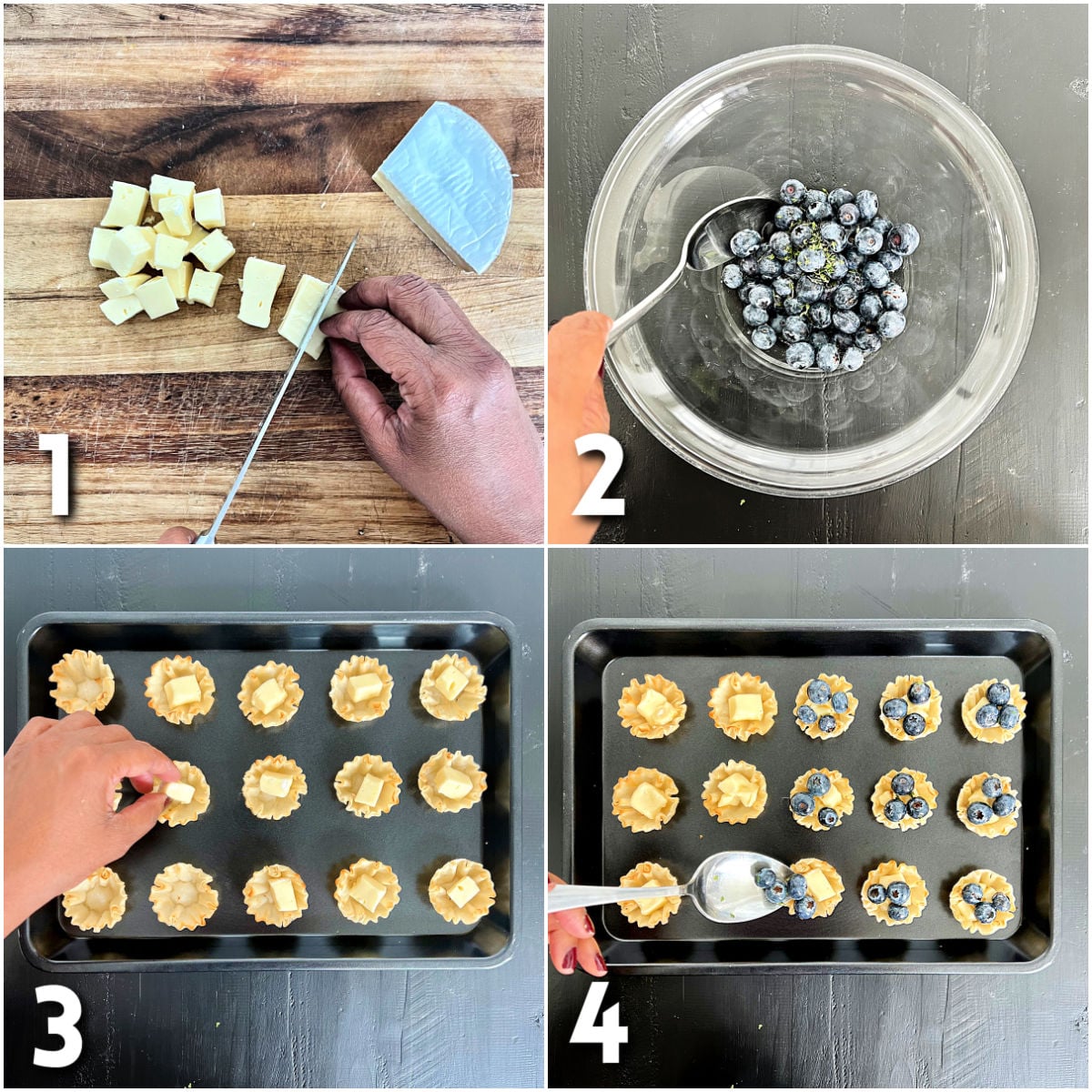 Steps for making blueberry brie bites.