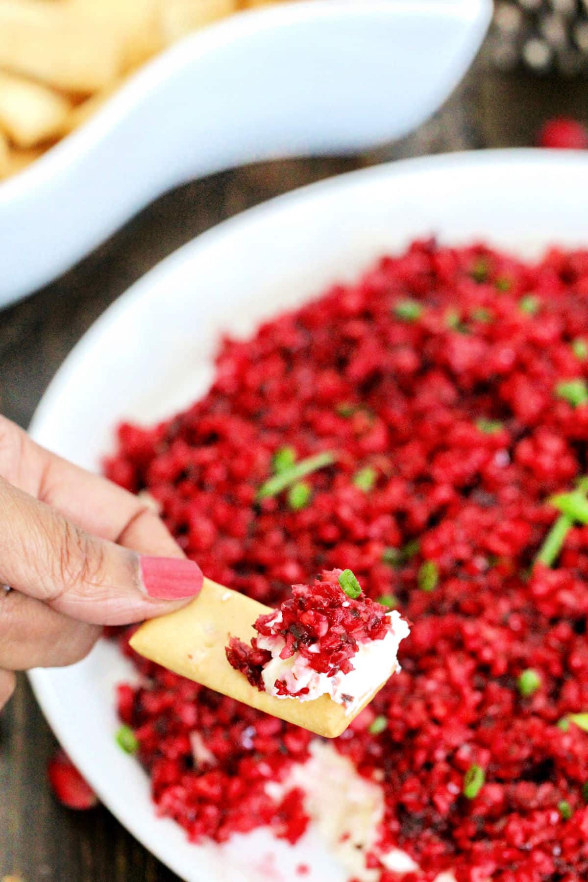 Scoop of cranberry jalapeno dip on a cracker