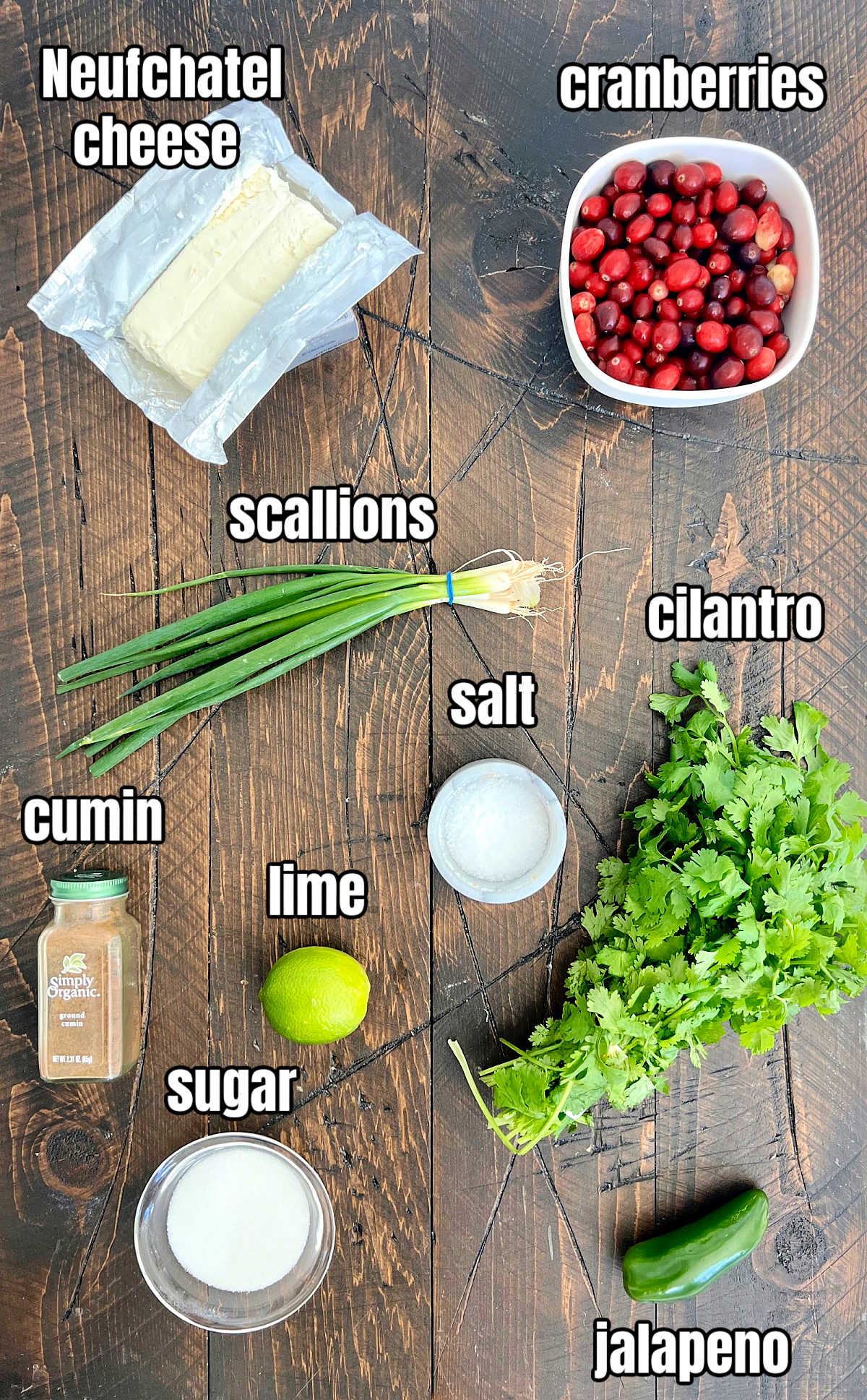 Ingredients for cranberry jalapeno dip.