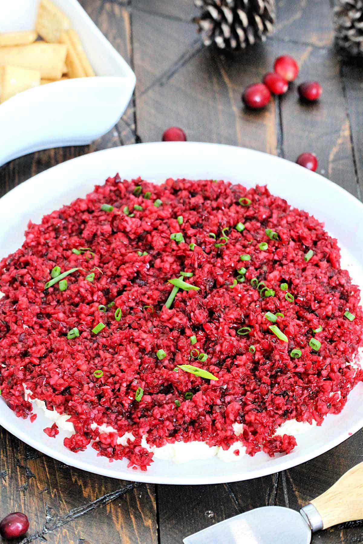 Cranberry jalapeno dip on a white plate on a wooden board with cranberries and pinecones around it.
