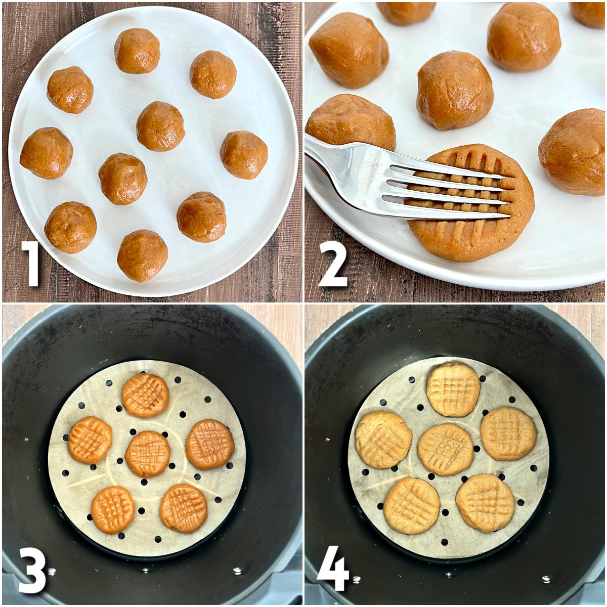 Steps for making air fryer peanut butter cookies.