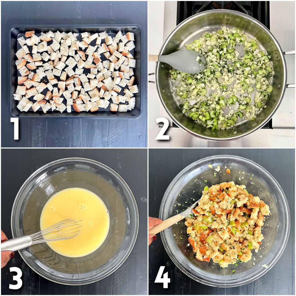 Steps 1-4 for Classic Sage Stuffing.