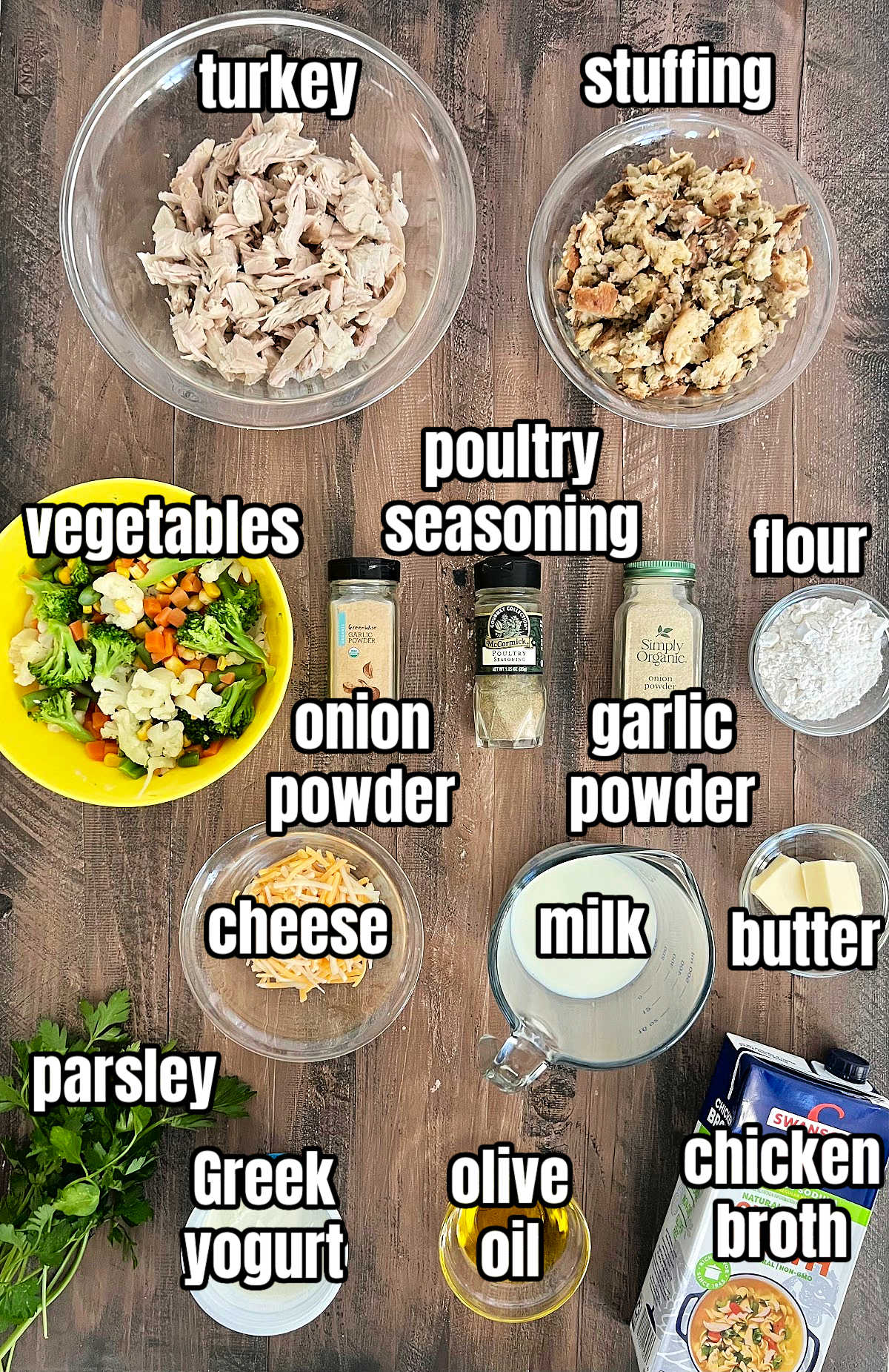 Ingredients for making turkey and stuffing casserole.