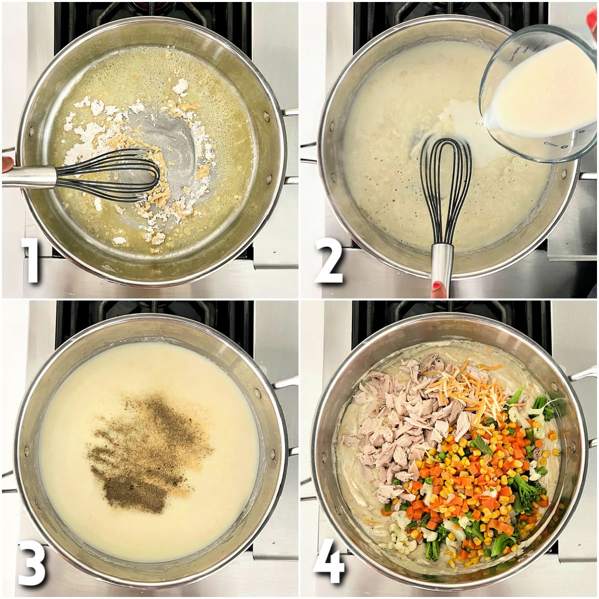 Steps for making turkey and stuffing casserole.