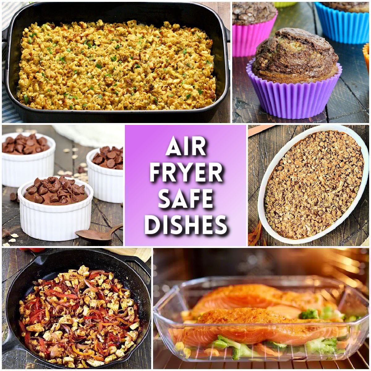 Collage of air fryer safe dishes. 