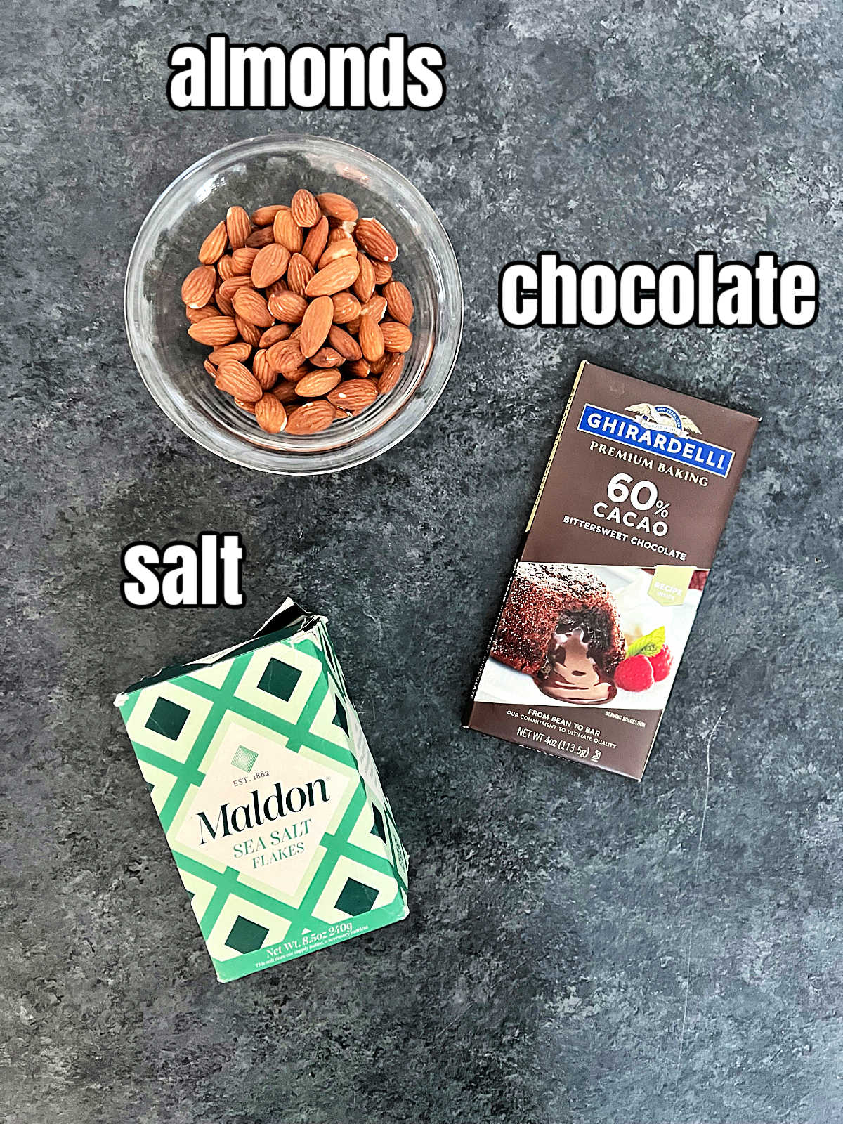 Ingredients for making chocolate almond clusters.