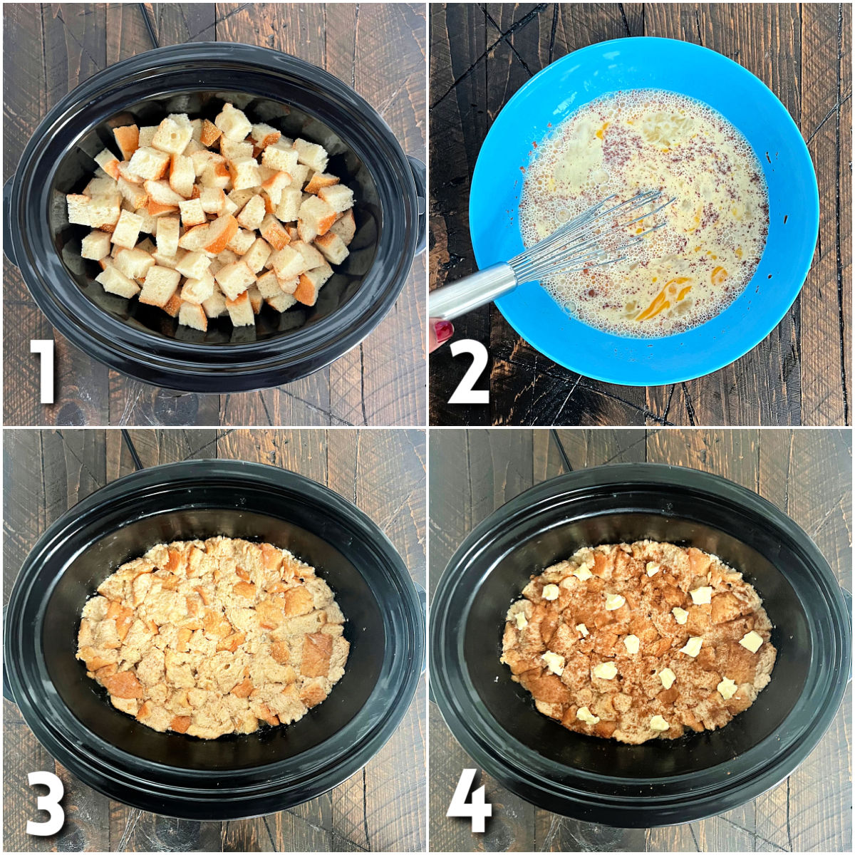 Steps for crockpot French toast casserole.