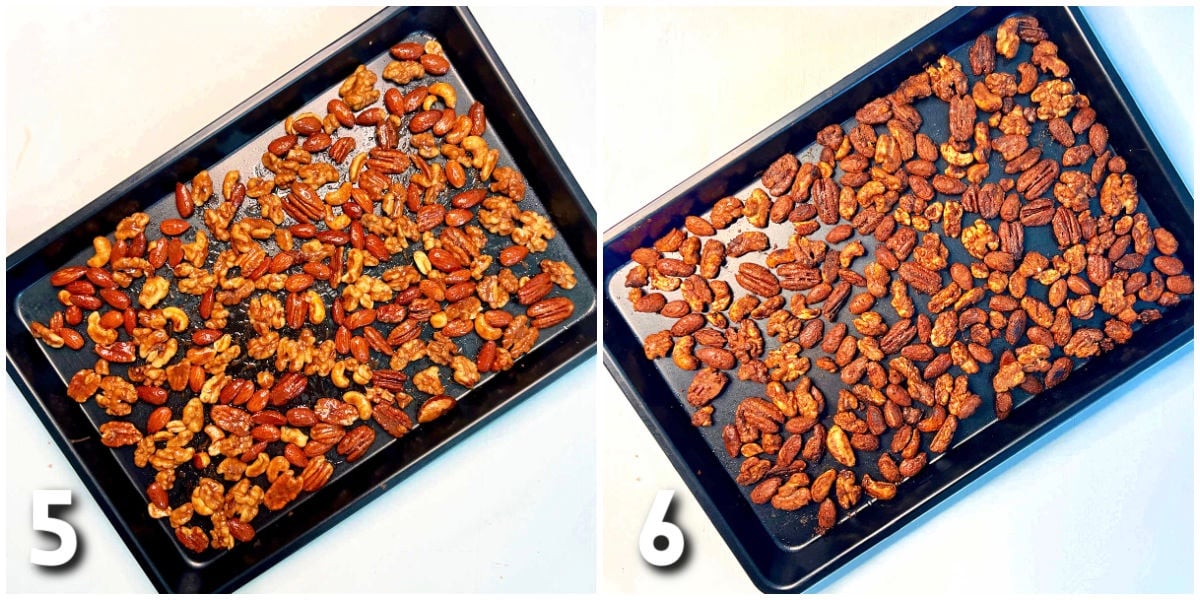 Steps 5-6 for making holiday spiced nuts.