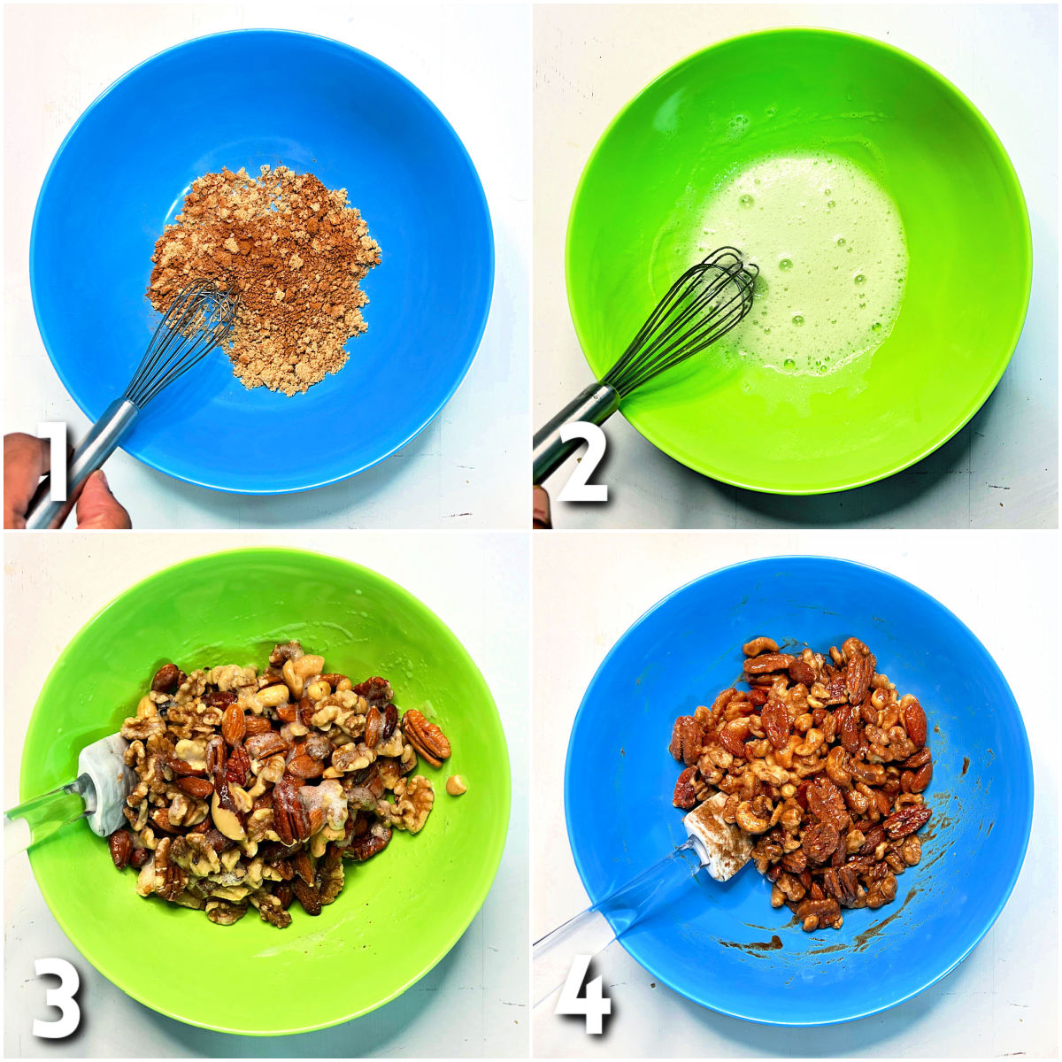 Steps 1-4 for making holiday spiced nuts.