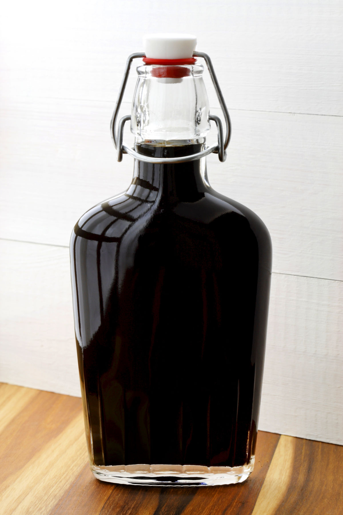 Balsamic vinegar in a glass bottle.