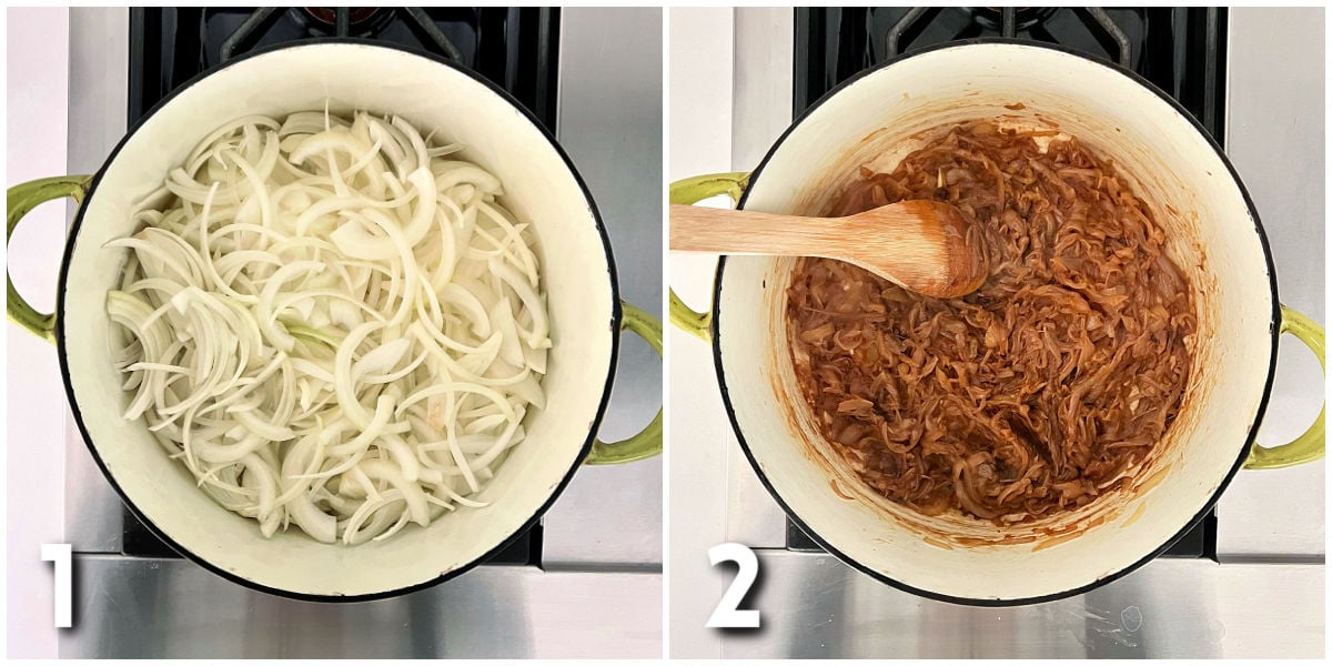 Steps 1-2 for making healthy French onion soup.