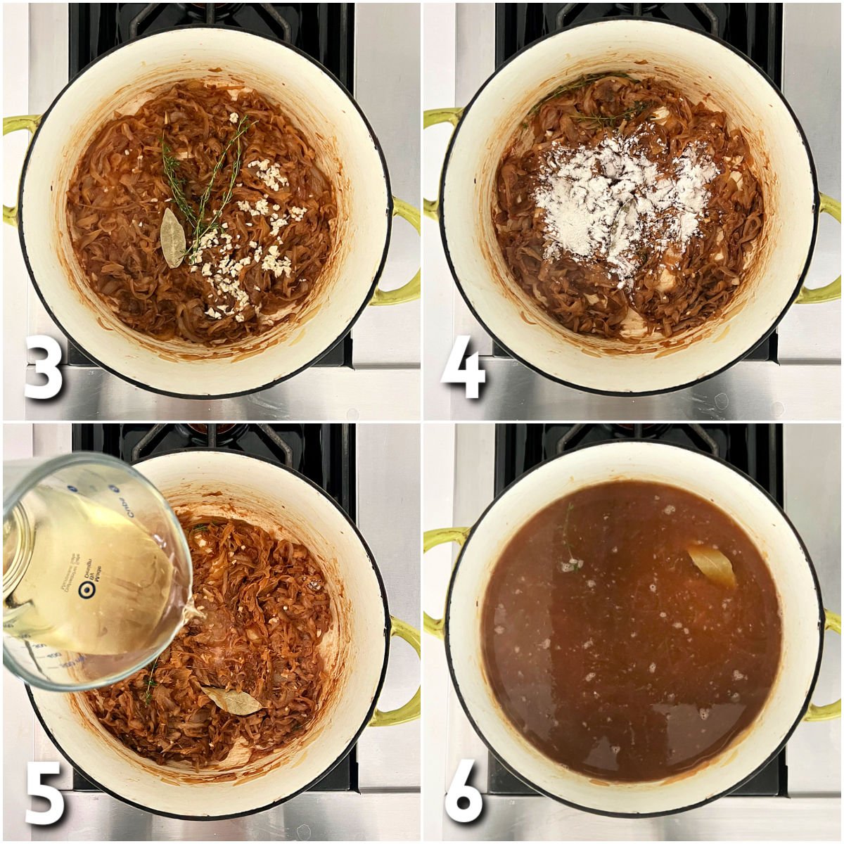 Steps 3-6 for making healthy French onion soup.