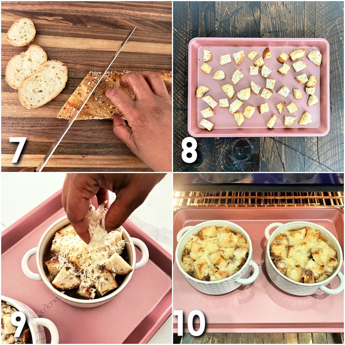 Steps 7-10 for making healthy French onion soup.