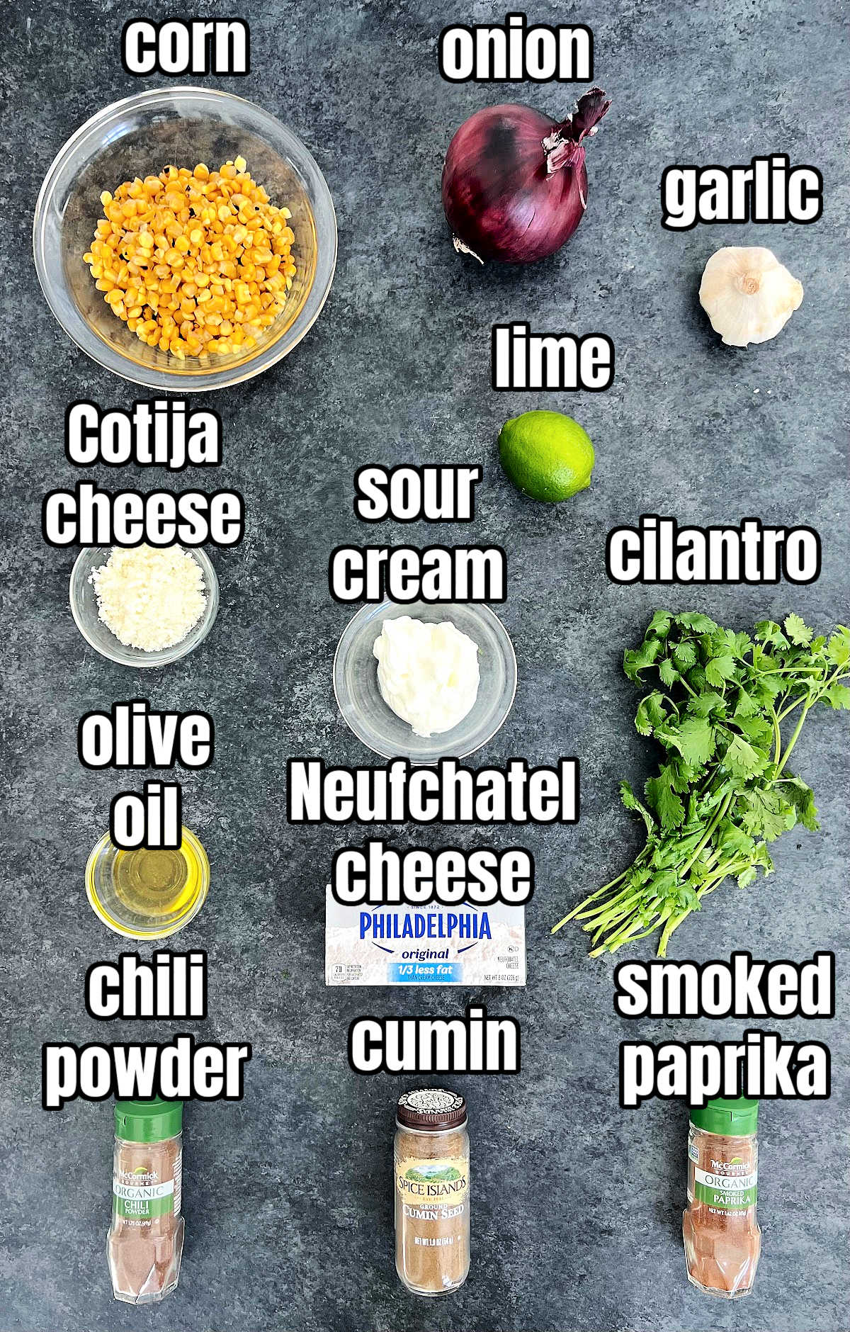 Ingredients for making Mexican street corn dip.