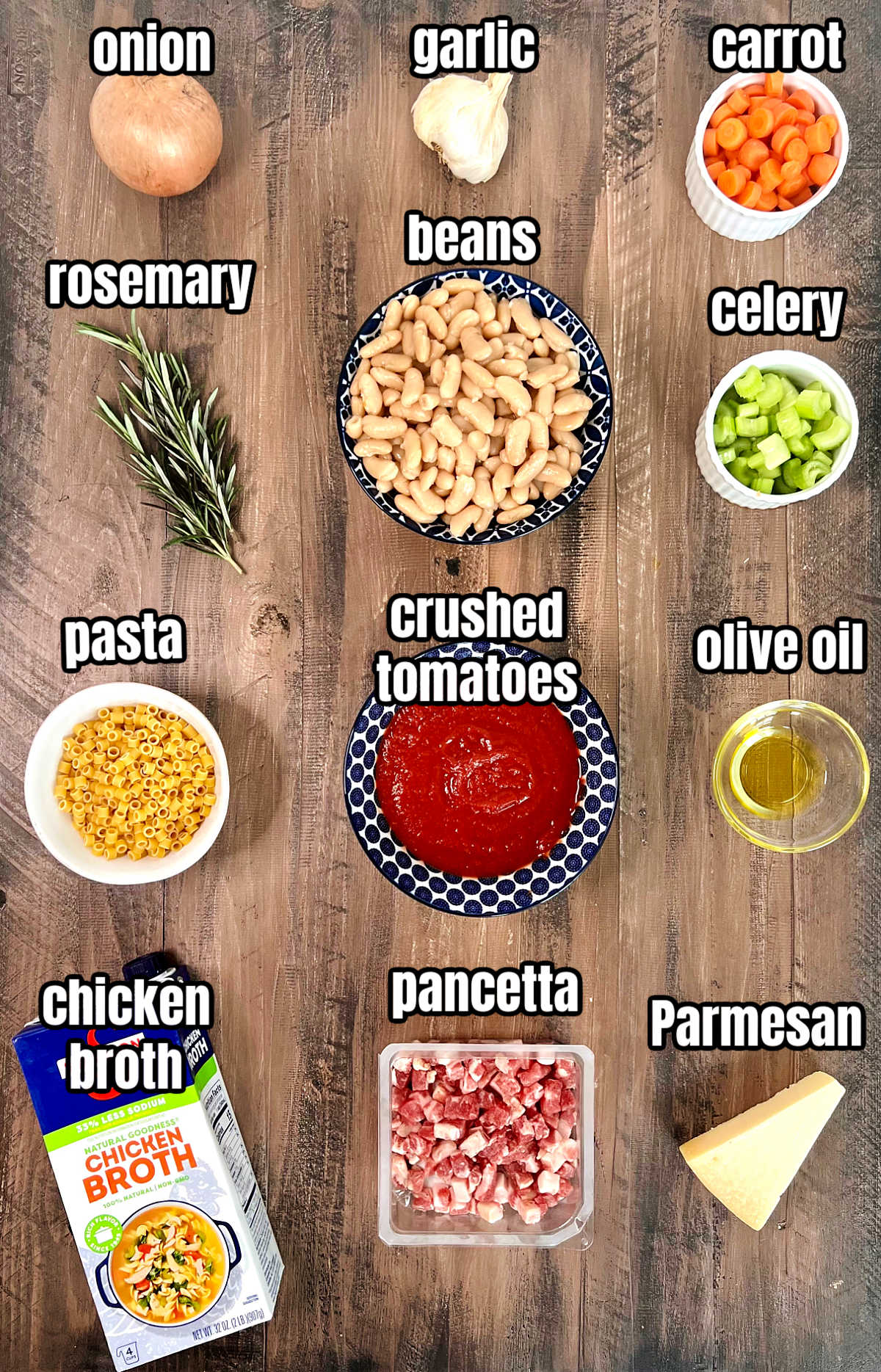 Ingredients for making pasta e fagioli soup.