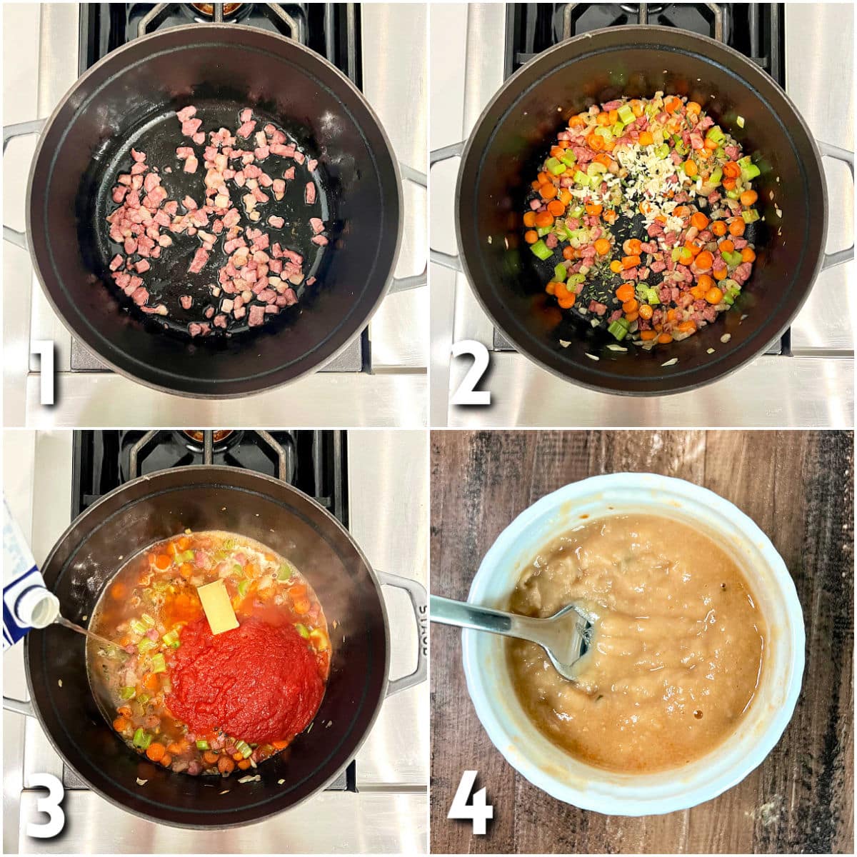 Steps for making pasta e fagioli soup.