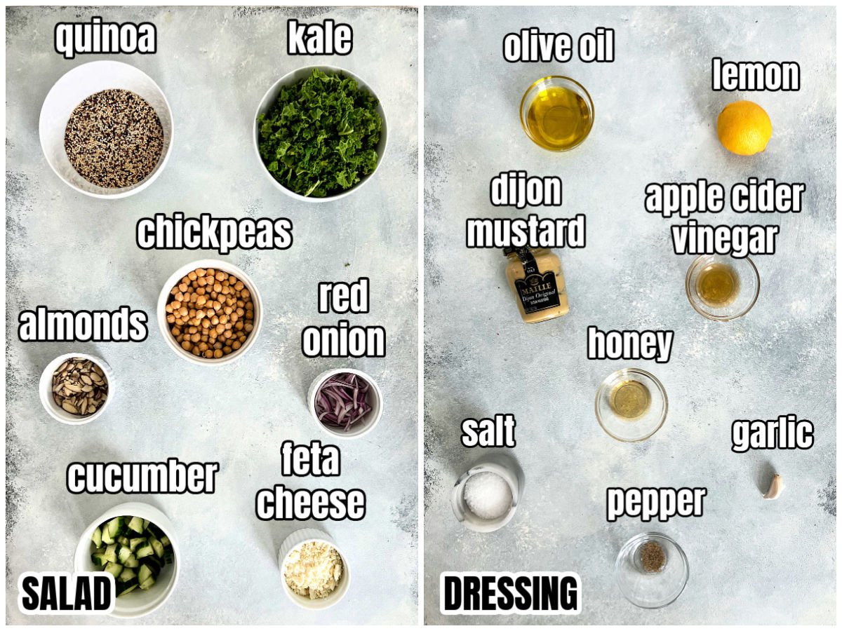 Ingredients for quinoa and kale salad and lemon vinaigrette.