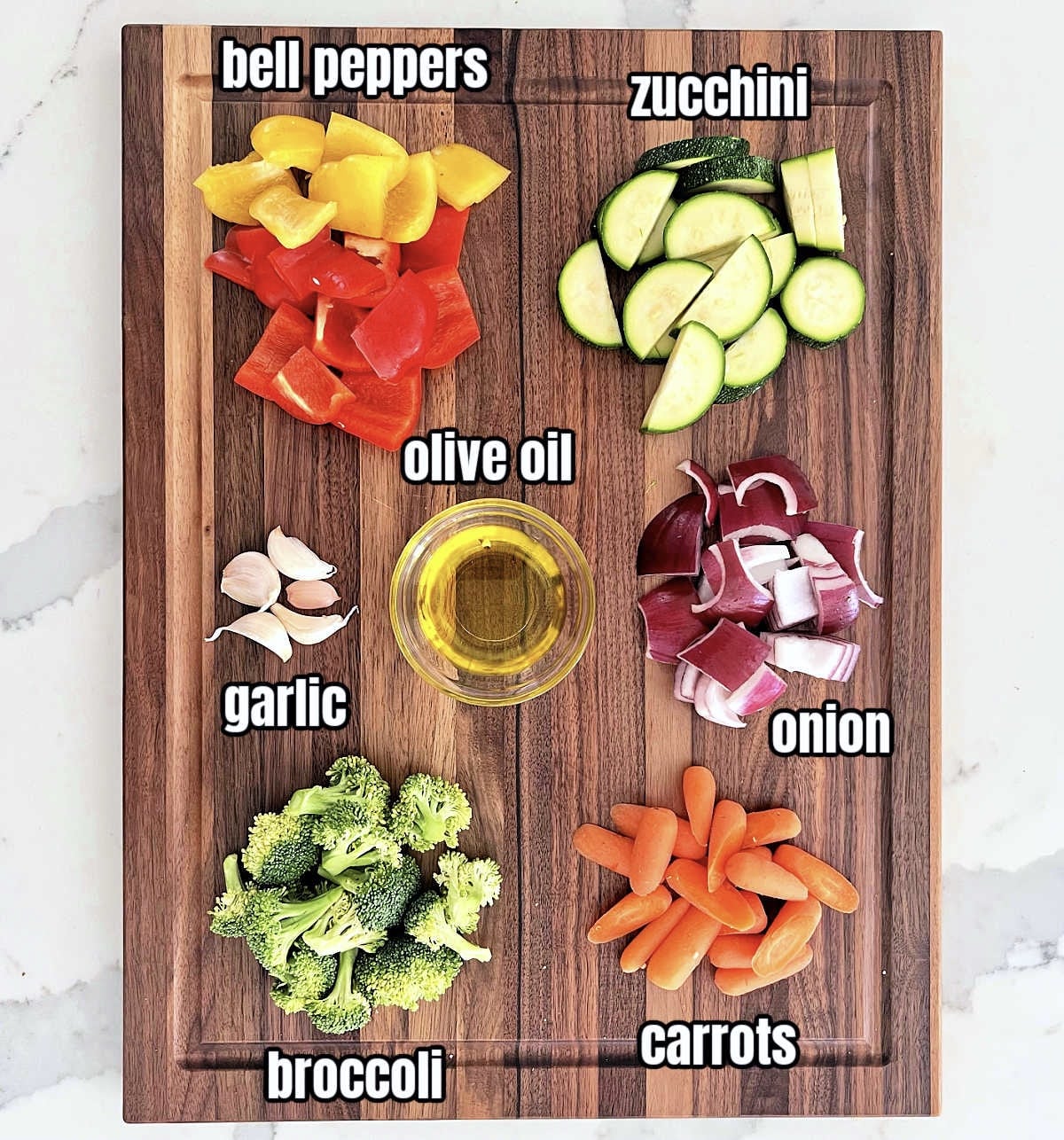 Ingredients for making the perfect oven-roasted vegetables.