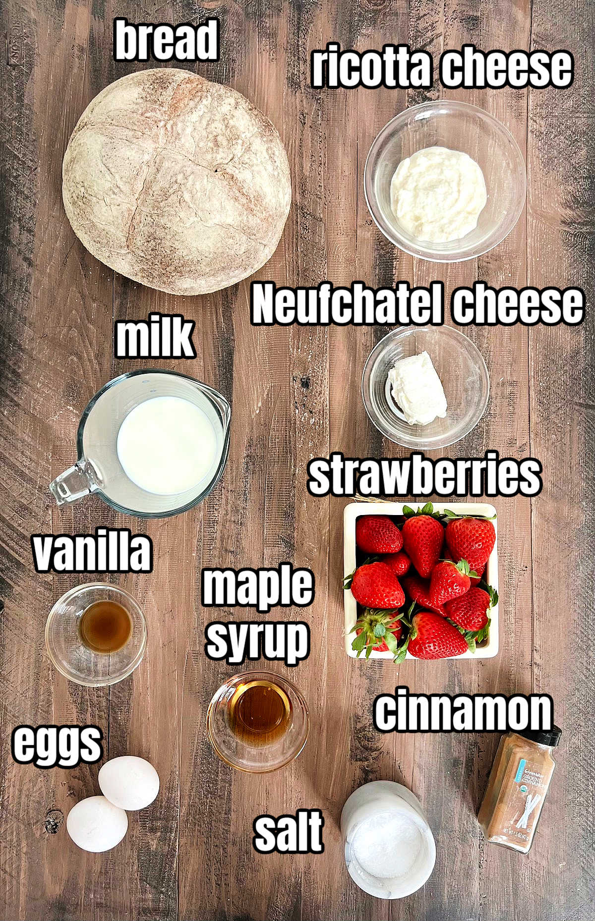 Ingredients for making strawberry stuffed French toast.