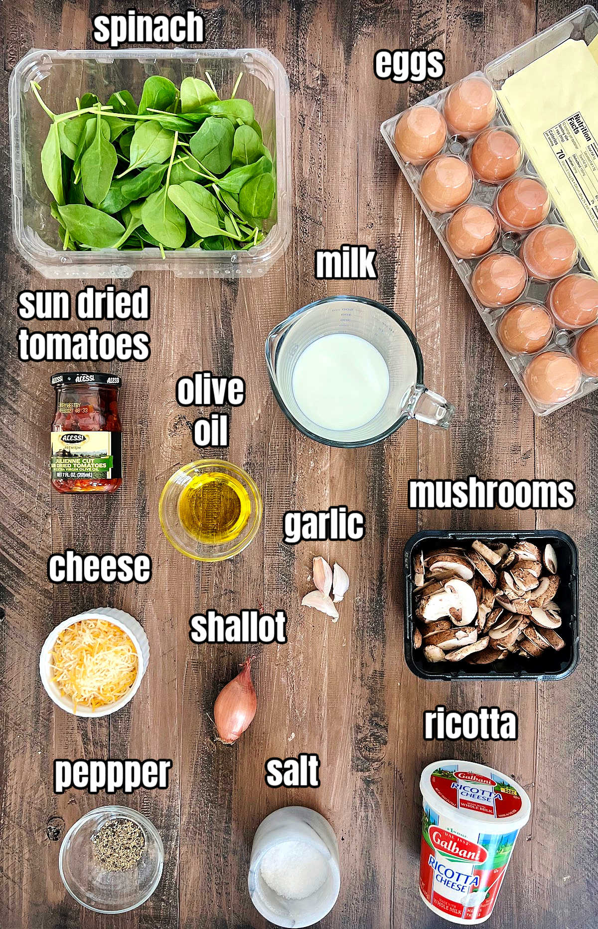 Frittata ingredients on a wooden board.
