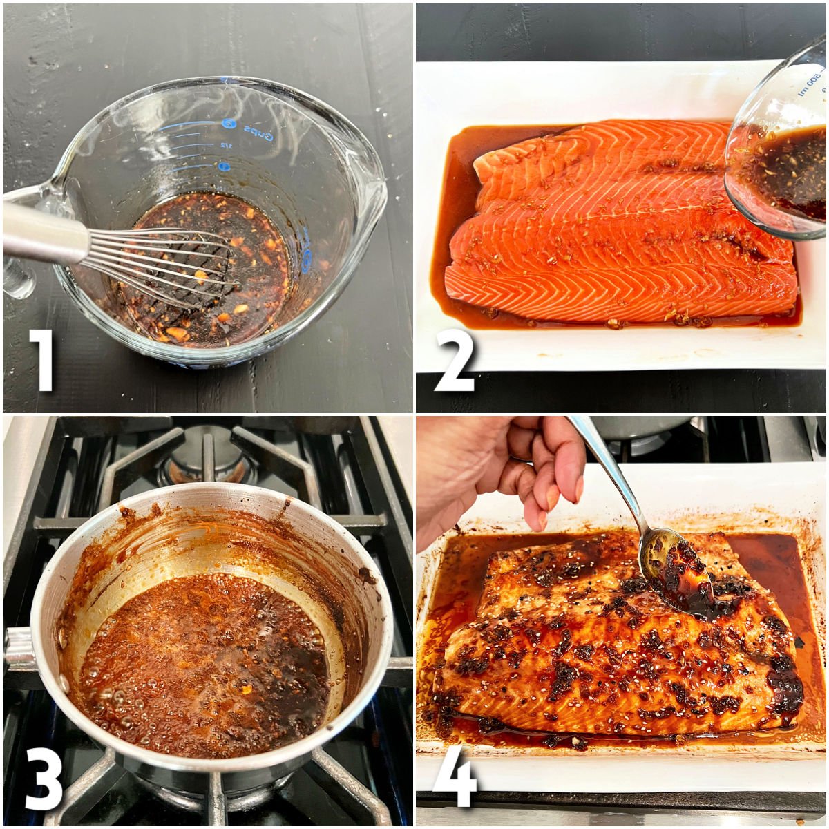 Steps for making honey ginger salmon.
