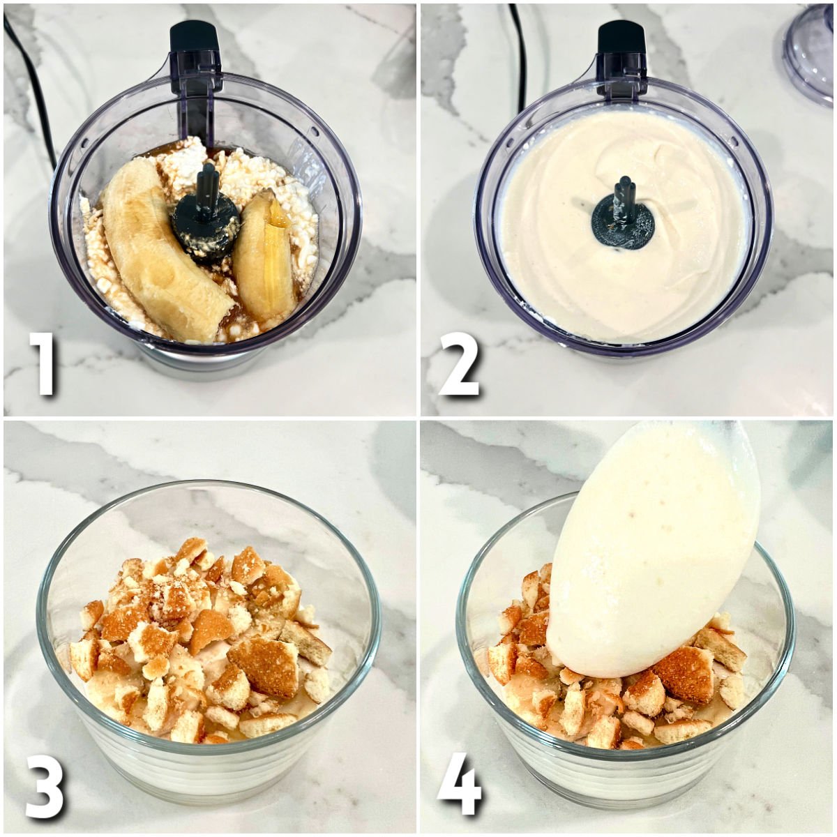 Steps for making Cottage Cheese Banana Pudding.