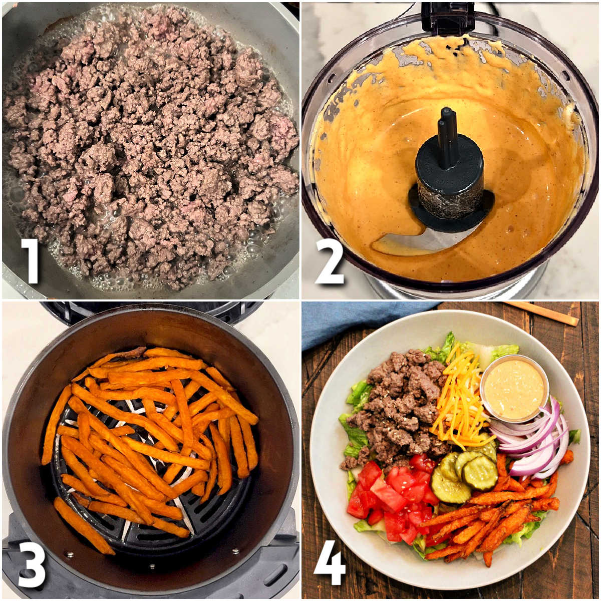 Steps for making burger bowls.