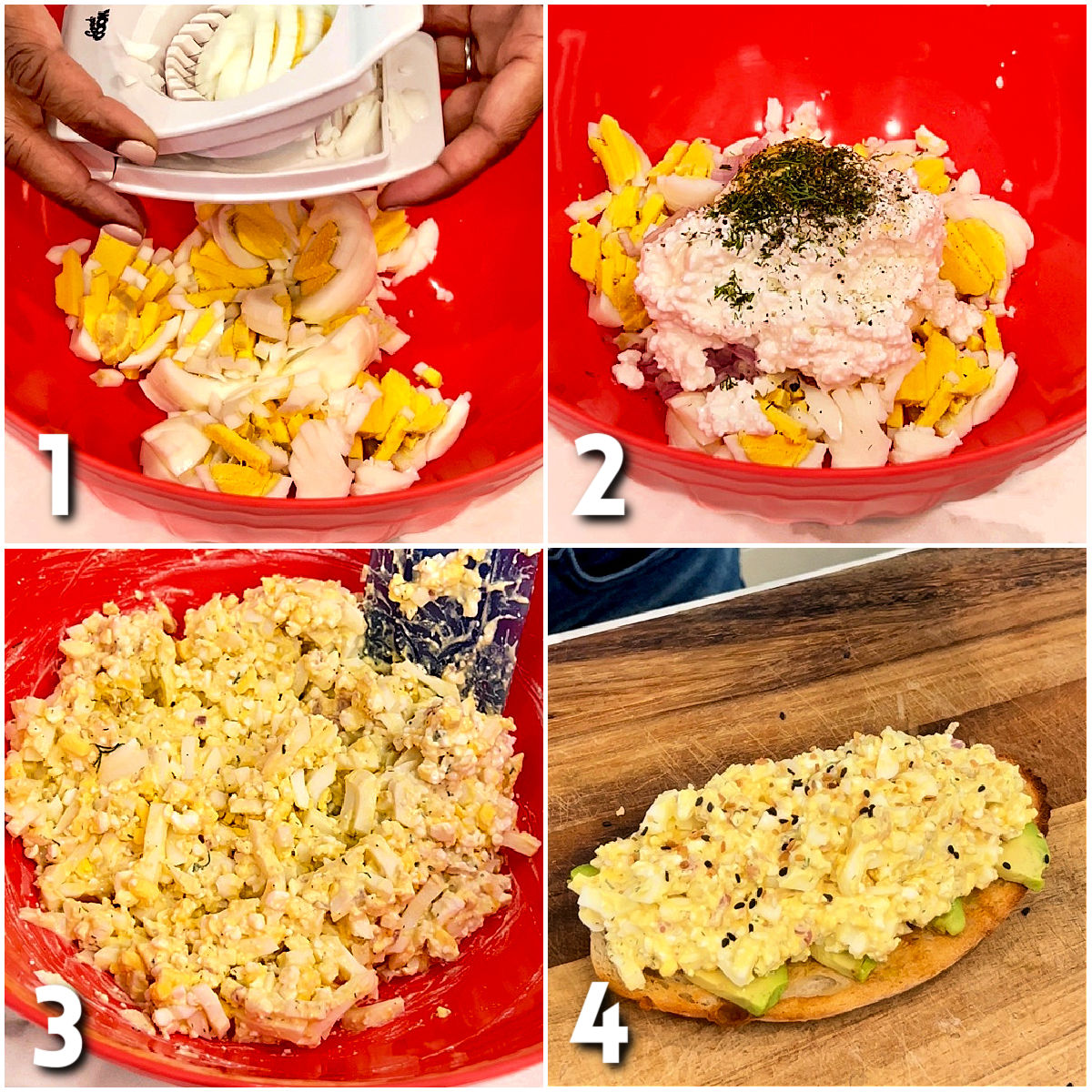 Steps for making cottage cheese egg salad.