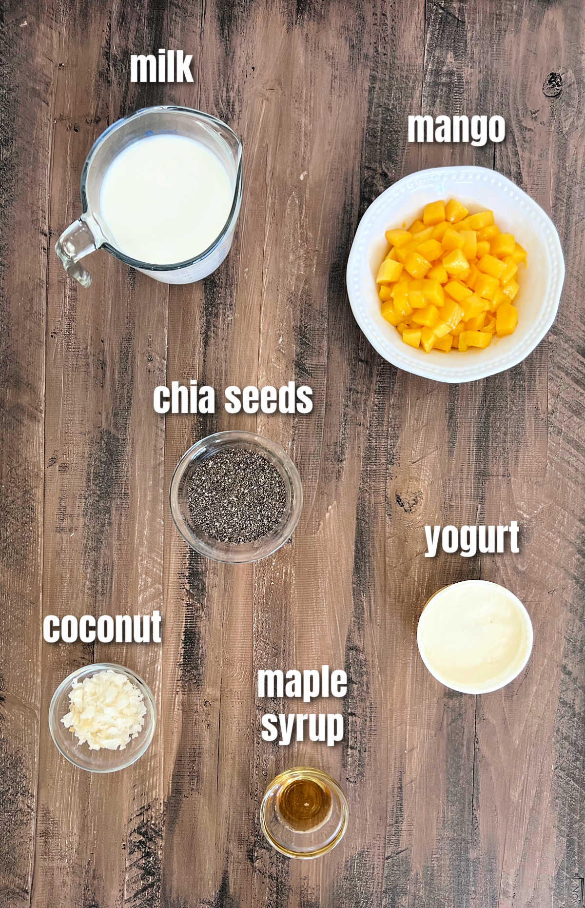 Ingredients for making mango chia pudding.