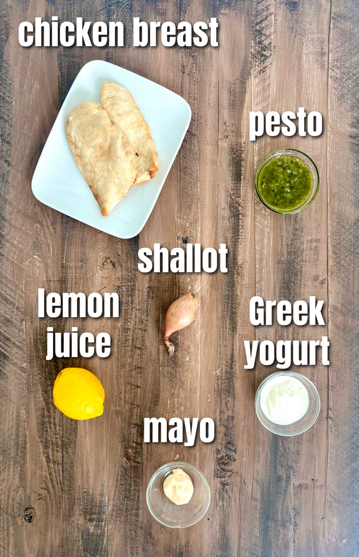 Ingredients for making pesto chicken salad.