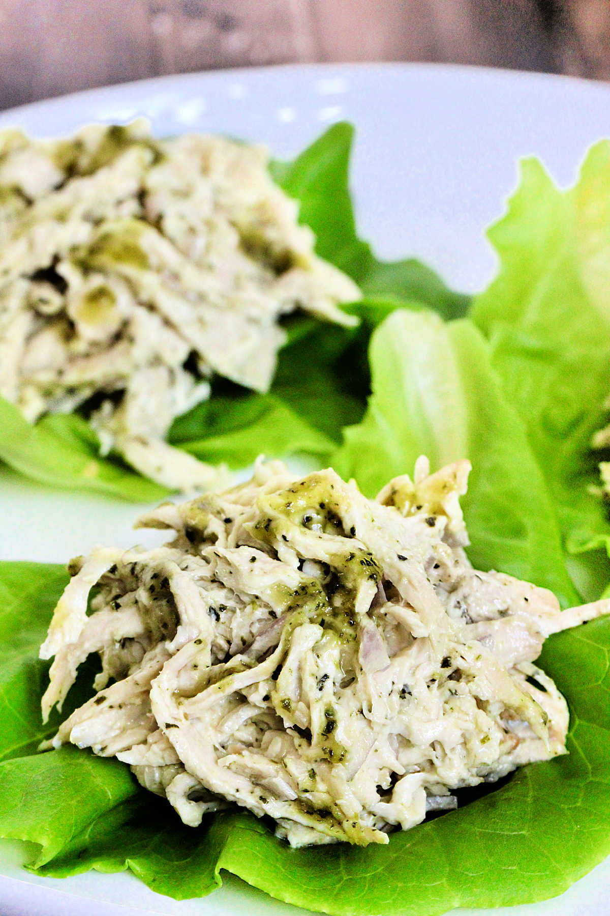 Pesto chicken salad on lettuce wraps.