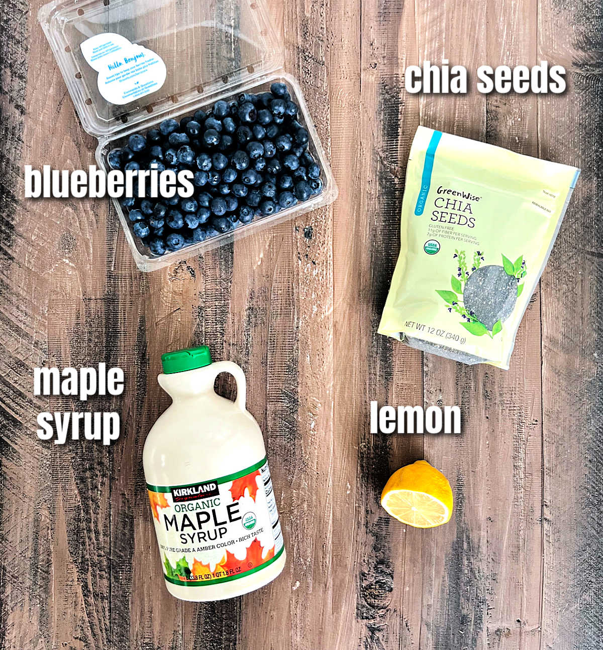 Ingredients for making blueberry chia jam.