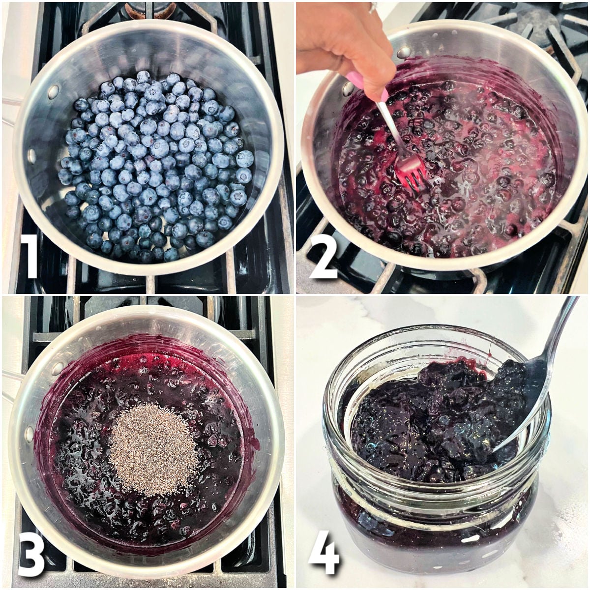 Steps for making blueberry chia jam.