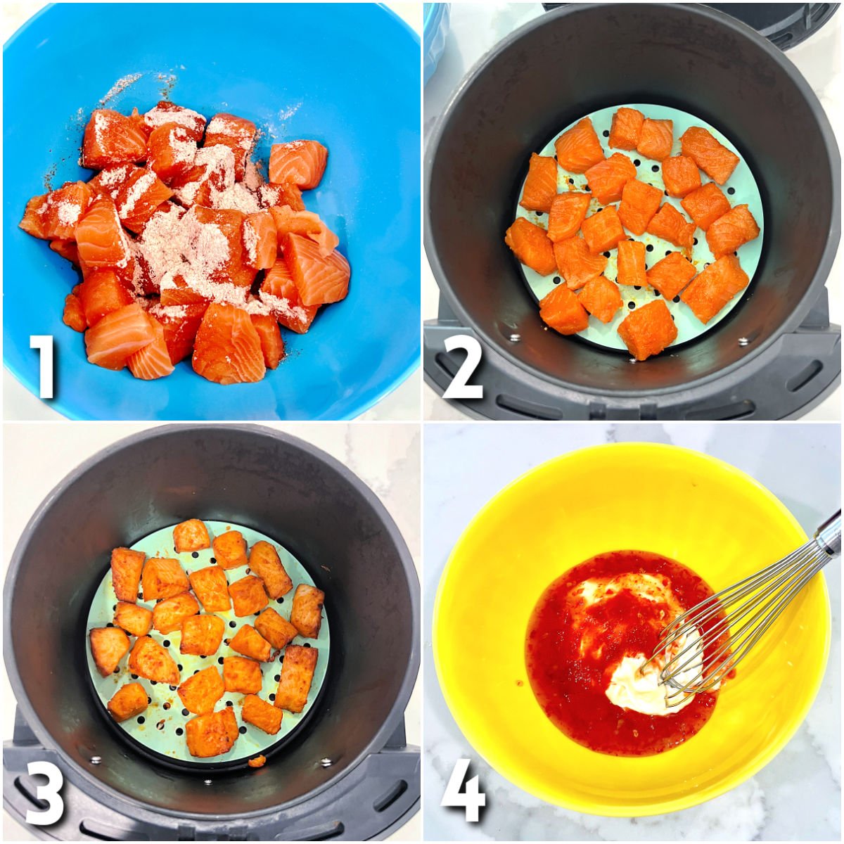 Steps for making Bang Bang Salmon Bites.