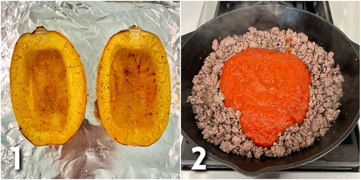 Steps 1-2 for making spaghetti squash boats.