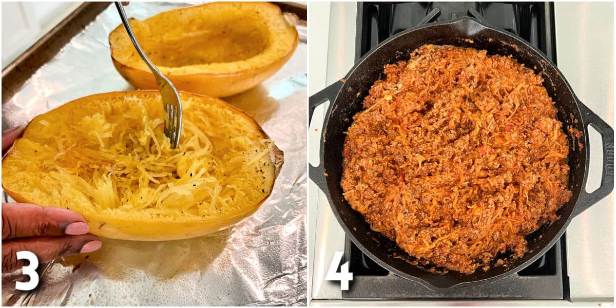 Steps 3-4 for making spaghetti squash boats.