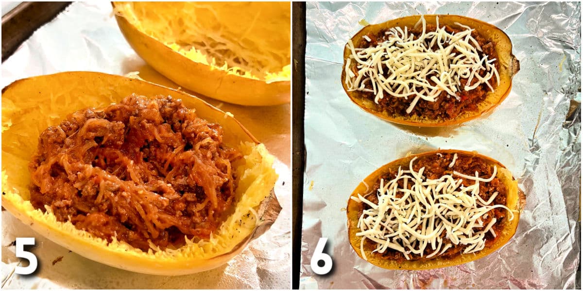 Steps 5-6 for making spaghetti squash boats.
