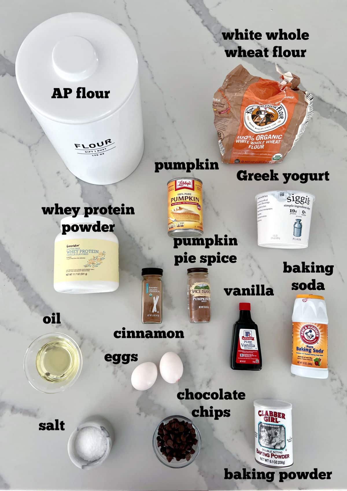Ingredients for making high protein pumpkin chocolate chip bread.