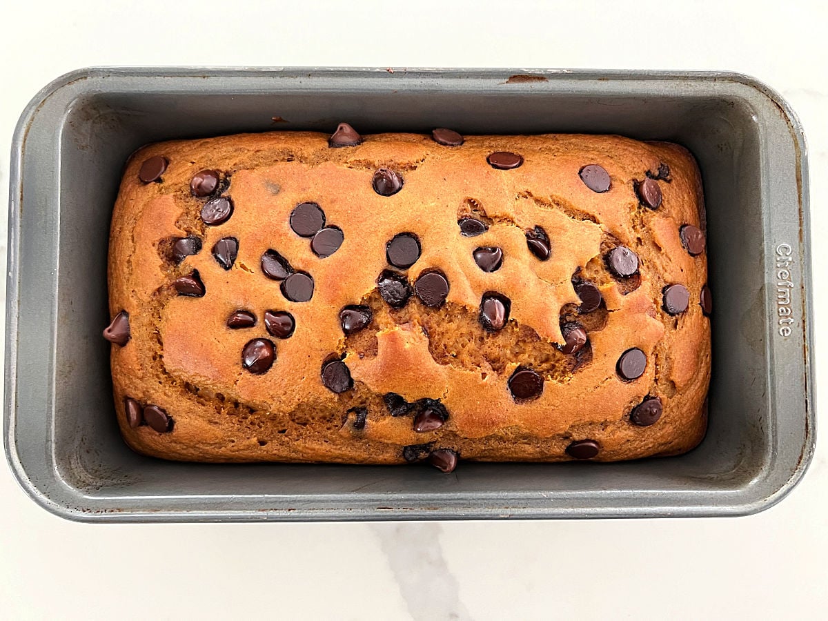 A loaf of high protein pumpkin chocolate chip bread in a loaf pan.