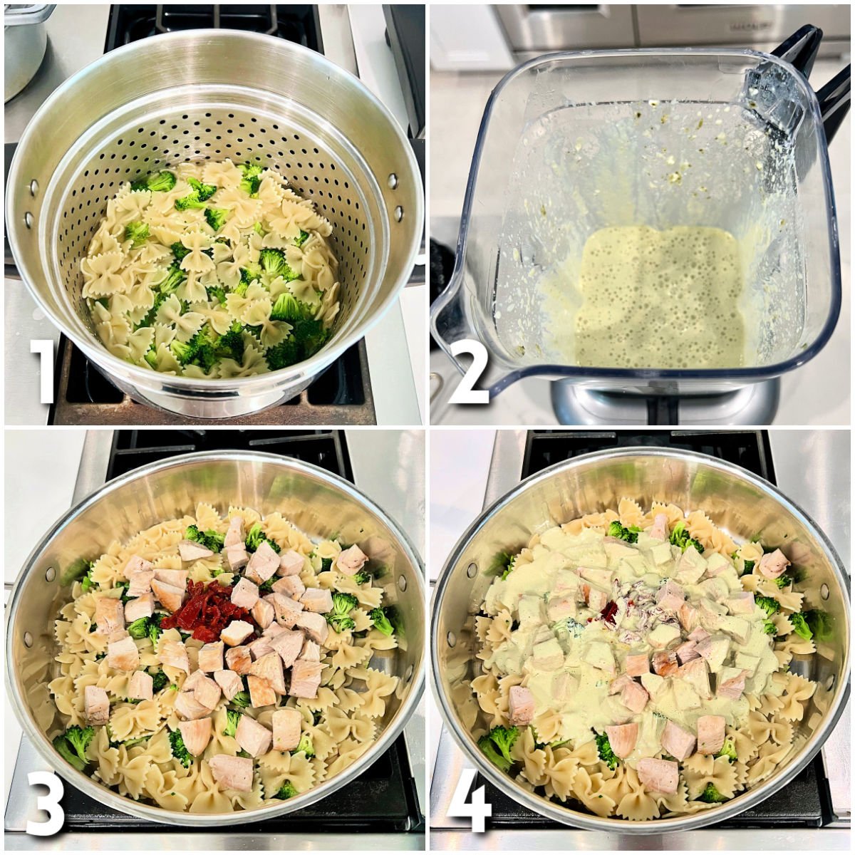 Steps for making Pasta with Chicken and Creamy Cottage Cheese Sauce.