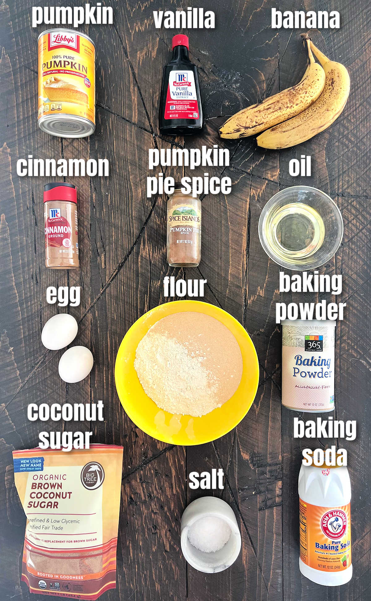 Ingredients for making Easy Pumpkin Banana Muffins.