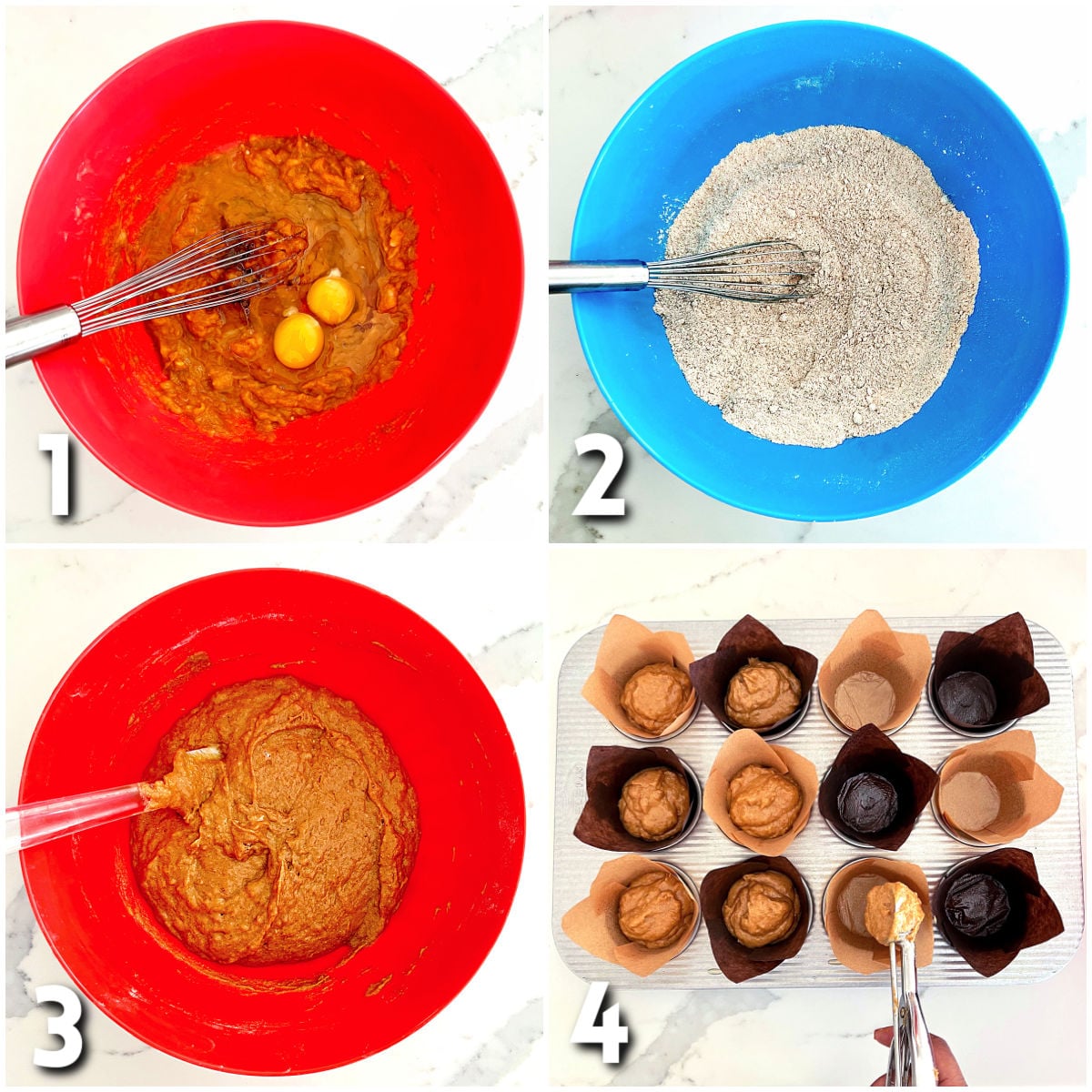 Steps for making Easy Pumpkin Banana Muffins.