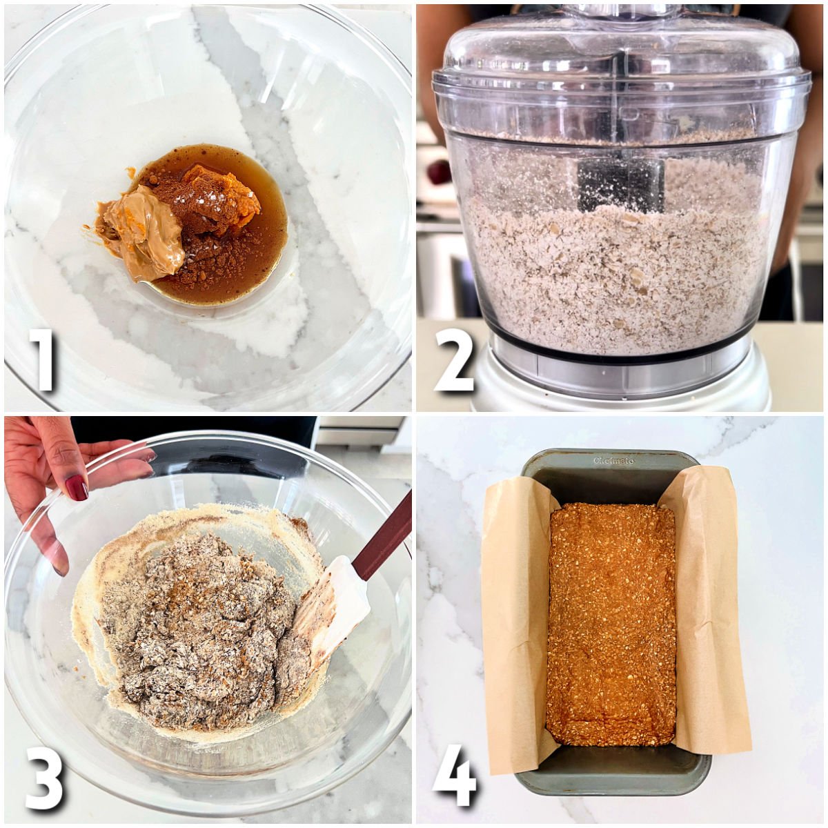 Steps 1-4 for making pumpkin protein bars.