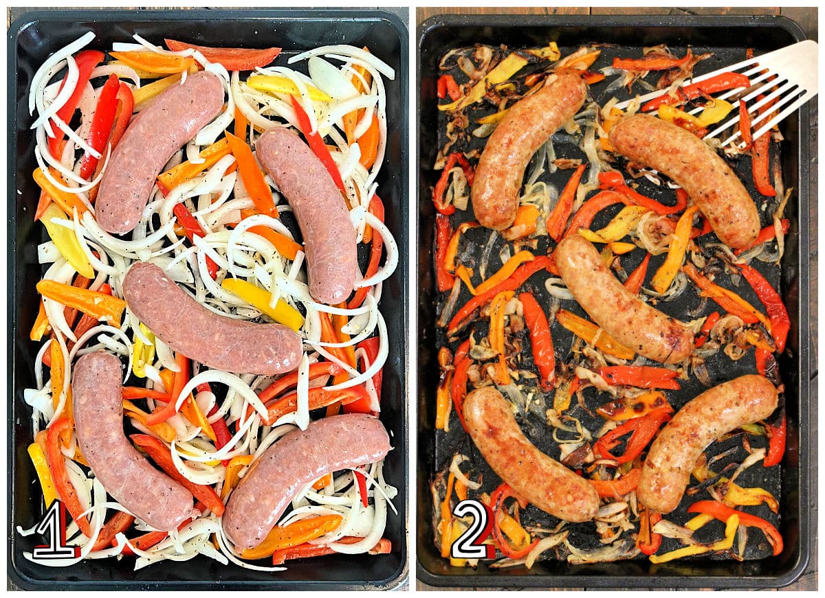 Steps for making baked sausage and peppers.