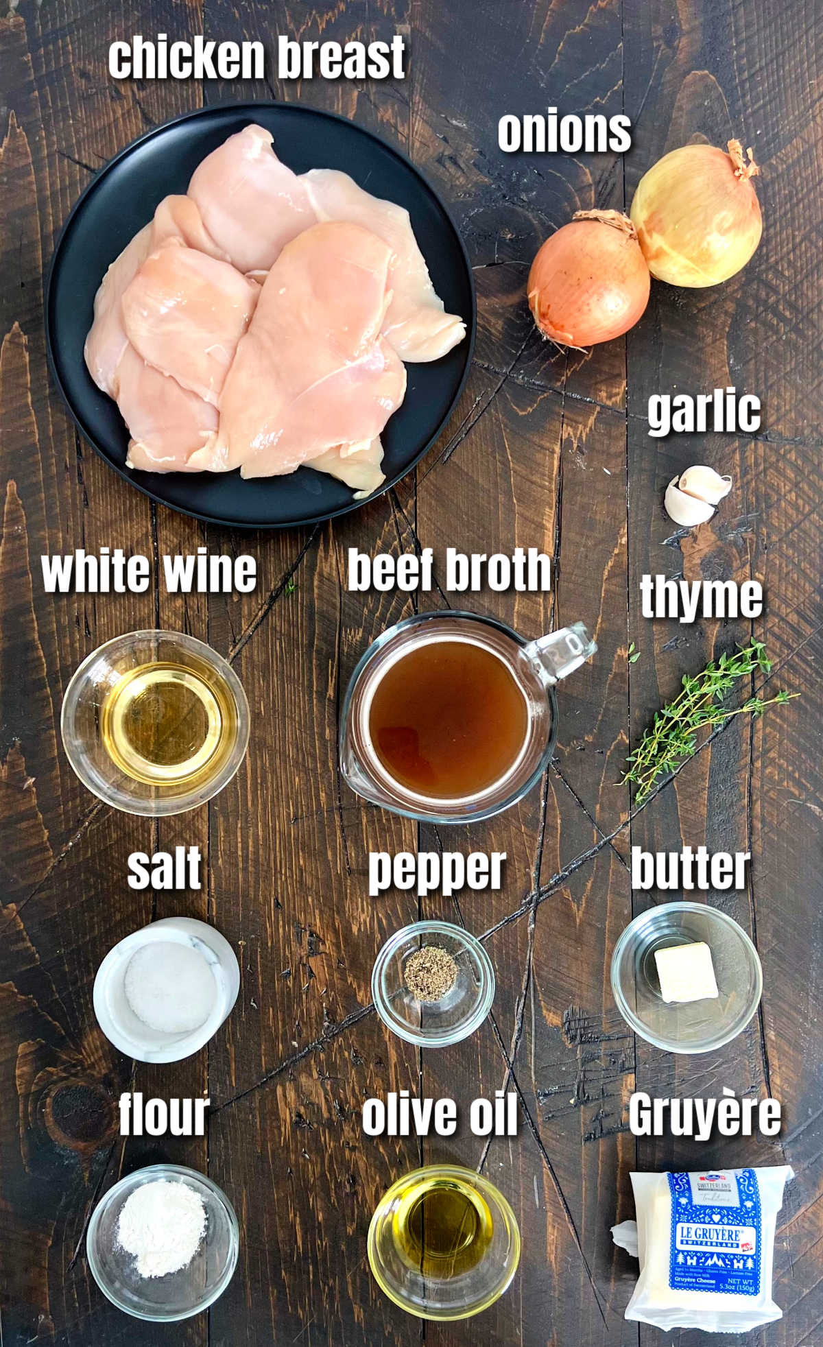 Ingredients for Easy Skillet French Onion Chicken.