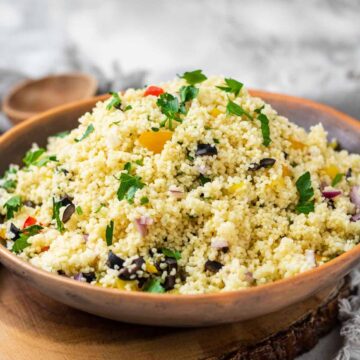 Mediterranean couscous salad in a bowl.