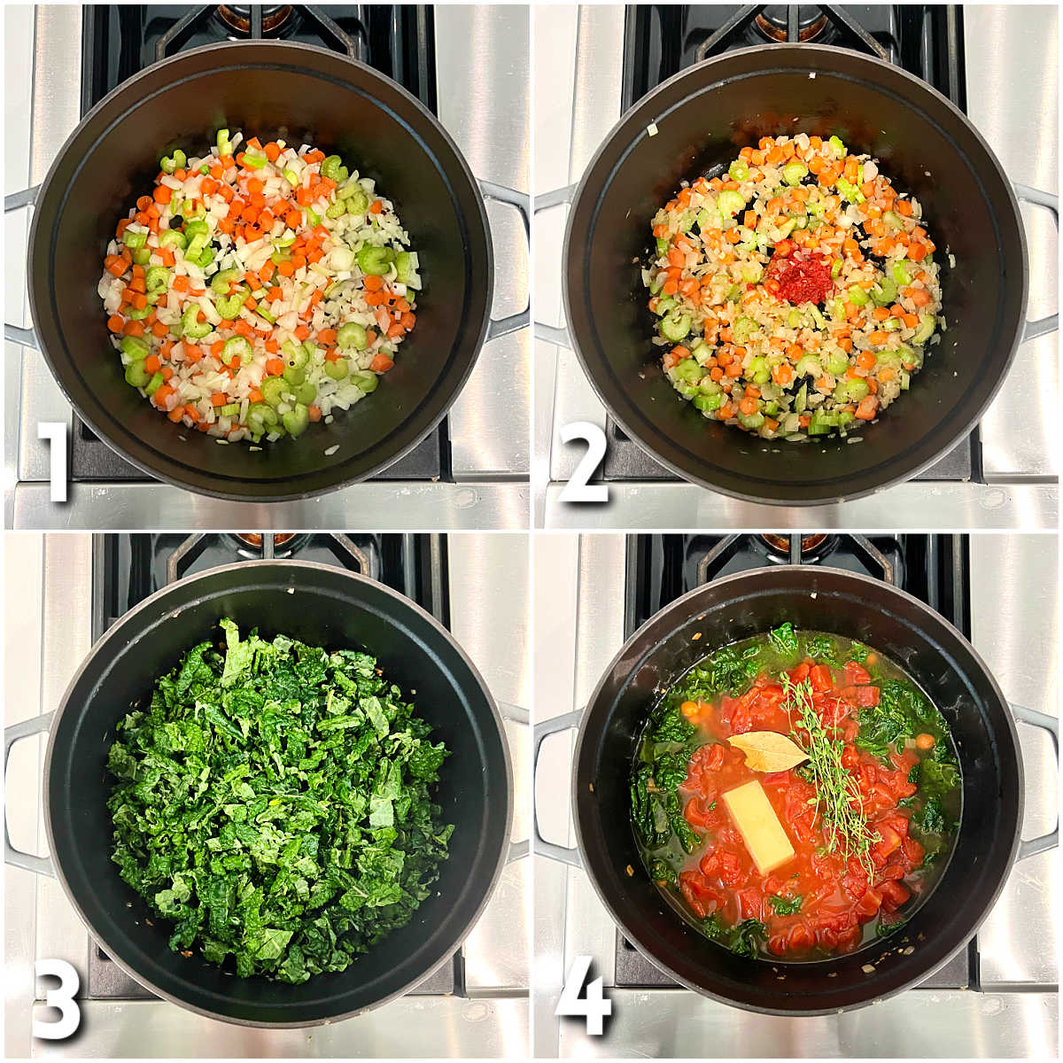 Steps 1-4 for making Tuscan ribollita.