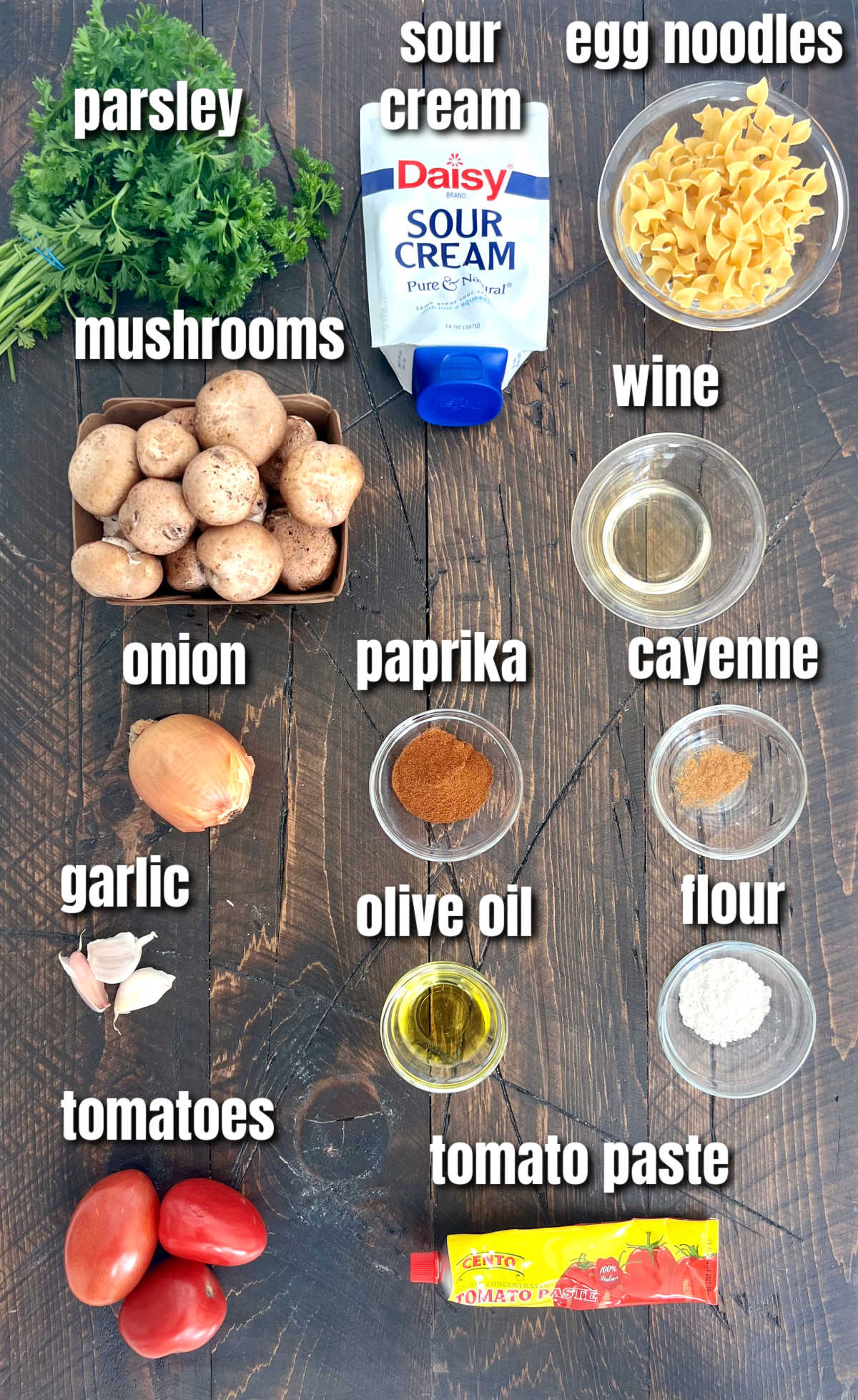 Ingredients for making mushroom paprikash.